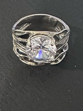 Sterling Silver Sculpted Band Ring with Clear Round Crystal
